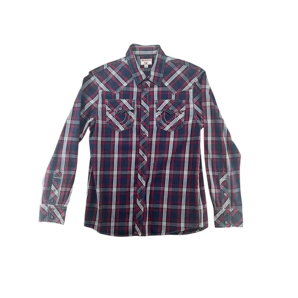 True Religion Plaid Western Shirt Mens M Red Blue Pearl Snap Flap Pocket